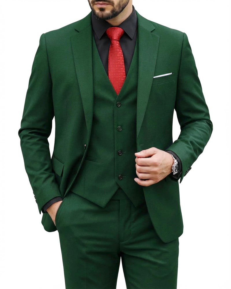 MYS MY'S Men's 3 Piece Suit Set with Tie, One Button Slim Fit Solid Jacket Vest Pants, Prom Party Wedding Business Suits for Men, Deep Green XX-Large - Image 1